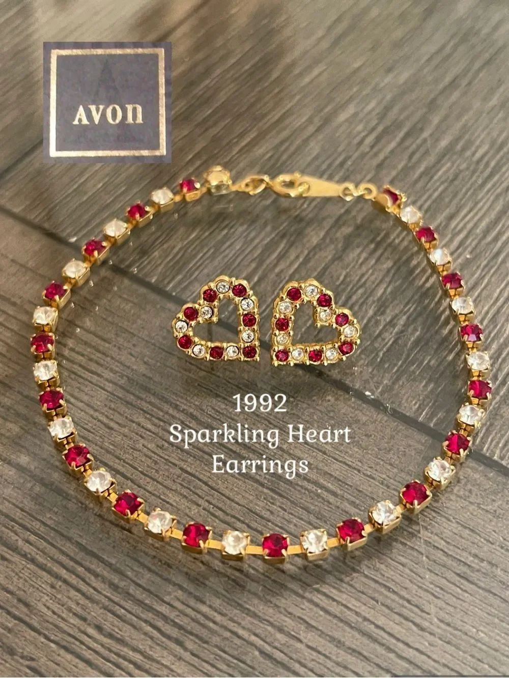 1992 AVON Sparkling Heart Red/Crystal Stone Earrings & Bracelet 8” approx